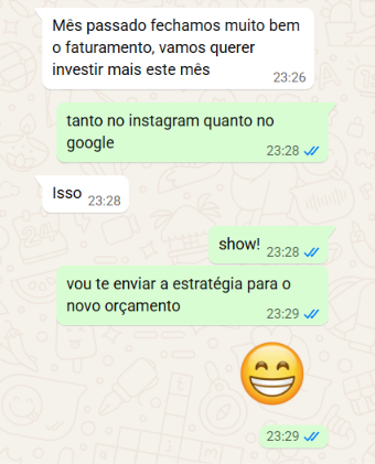 Print de conversa com cliente elogiando o resultado