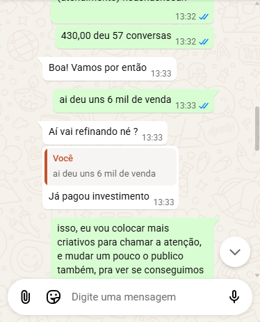 Print de conversa: cliente relata mais de 6 mil em vendas