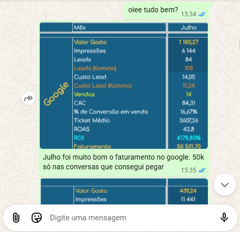 Print de conversa: cliente relata 50 mil em vendas